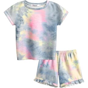 Arshiner Girls Tie Dye Shorts Set 2 Pieces Summer Set for Kids Short Sleeve Pullover Top + Ruffle Hem Shorts Set