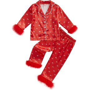 Kuriozud Toddler Kids Little Girls Valentines Day Satin Pajamas Bow Print Feather Trim Sleeve Button Down Sleepwear Pjs Set in Kuwait