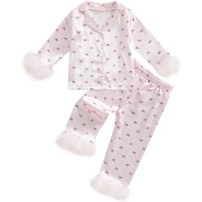 Kuriozud Toddler Kids Little Girls Valentines Day Satin Pajamas Bow Print Feather Trim Sleeve Button Down Sleepwear Pjs Set