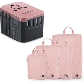 EPICKA Universal Travel Adapter - Rose Gold, 4 Pieces Ultra-Lightweight Compression Packing Cubes - Pink