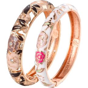 UJOY Vintage Jewelry Cloisonne Handcrafted Flower Enameled Gorgeous Rhinestone Gold Hinged Cuff Bracelet Bangles Gifts 88A10