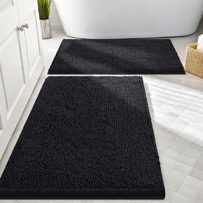 Smiry Bathroom Rugs and Mats Set, 2 Piece Chenille Bath Mat Set, Machine Wash Dry, Non Slip Absorbent Shaggy Bath Rug for Bath Room, Shower and Tub (30" x 20"+24" x 16", Black)