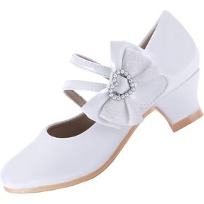 EIGHT KM Girls High Heel Dress Shoes Mary Jane Princess Wedding Party Pump Shoes EKM7035 Patent Leather Heart Pearl Bow White US Little Kid Size 1