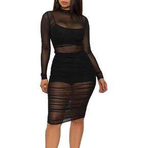 Women 3 Piece Outfits Sexy Crop Top Short Set Mesh See-Through Ruched Bodycon Midi Dress Clubwear in Kuwait