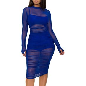 Women 3 Piece Outfits Sexy Crop Top Short Set Mesh See-Through Ruched Bodycon Midi Dress Clubwear
