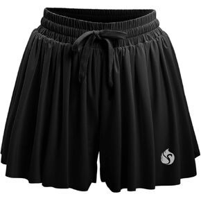 FireSwan 2 in 1 Flowy Running Shorts for Women Athletic Shorts with Pokects Gym Yoga Workout Butterfly Tennis Skorts Summer（Black XL