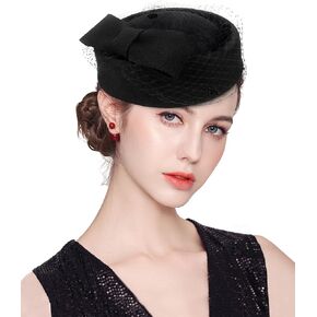 Wool Fascinator Hat Winter Wool Felt Pillbox Hat for Women Wedding Church Hat Veil Bowknot Fedoras