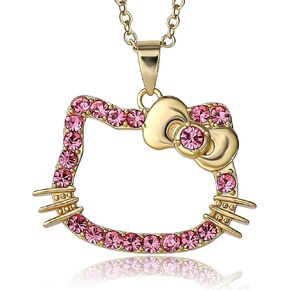 SALLY ROSE Hello Kitty Pink Crystal Necklace for Women Official License, 18" 18k Gold Flash-Plated Hello Kitty Pendant Necklace