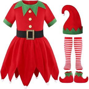 Christmas Elf Costume for Kids Girls Costume Xmas Festive Elf Dress Outfit with Elf Hat Shoes Stockings