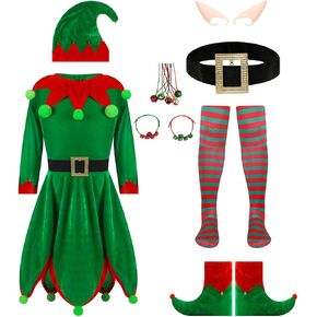 8PCS Christmas Elf Costume for Girls Kids Santa's Helper Costume Xmas Outfit Elf Hat Shoes Ears Belt Socks