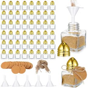Uiifan 50 Set 0.5 oz Cube Shape Mini Salt and Pepper Shakers with Gold Tone Tops Clear Glass Small Spice Salt and Pepper Holders Bulk with 5 Plastic Funnels 50 Tags 50 Ropes for Wedding Party Kitchen