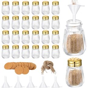 Uiifan 50 Set 0.5 oz Cube Shape Mini Salt and Pepper Shakers with Gold Tone Tops Clear Glass Small Spice Salt and Pepper Holders Bulk with 5 Plastic Funnels 50 Tags 50 Ropes for Wedding Party Kitchen