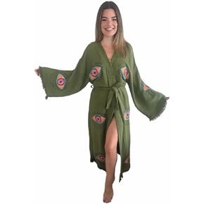 Handmade Evil Eye Kimono - Green Festival Women Clothing - Bohemian Robe - Boho Cotton Cardigan - Dressing Gown