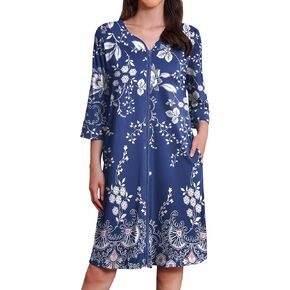 Ekouaer Zipper Robes for Women 3/4 Sleeves Housecoat Soft Nightgowns Sleepwear Mumu House Dresses with Pockets S-3XL