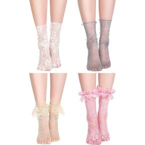 Geyoga 4 Pairs Women's Lace Socks Mesh Lace Loose Socks Decorated Ankle High Sheer Socks Sheer Mesh Slouch Socks for Women