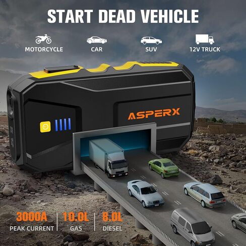 ASPERX Jump Starter, 3000A Car Battery Jump Starter, Battery Pack(Up to 10.0L Gas or 8.0L Diesel Engine), 12V Battery Booster Jump Starter with Carry Bag Jumper Cables, LED Light in Saudi Arabia