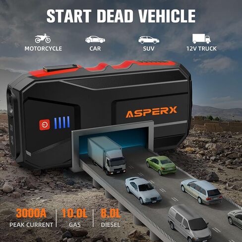ASPERX Jump Starter, 3000A Car Battery Jump Starter, Battery Pack(Up to 10.0L Gas or 8.0L Diesel Engine), 12V Battery Booster Jump Starter with Carry Bag Jumper Cables, LED Light in Saudi Arabia