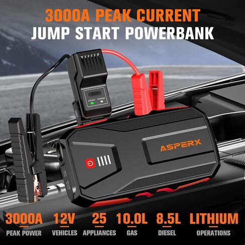 ASPERX Jump Starter, 3000A Car Battery Jump Starter, Battery Pack(Up to 10.0L Gas or 8.0L Diesel Engine), 12V Battery Booster Jump Starter with Carry Bag Jumper Cables, LED Light in Saudi Arabia