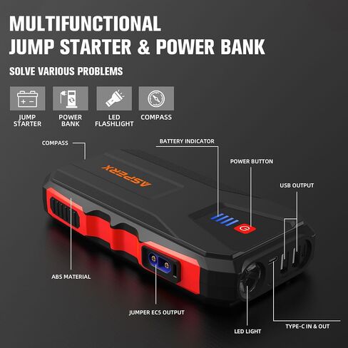 ASPERX Jump Starter, 3000A Car Battery Jump Starter, Battery Pack(Up to 10.0L Gas or 8.0L Diesel Engine), 12V Battery Booster Jump Starter with Carry Bag Jumper Cables, LED Light in Saudi Arabia