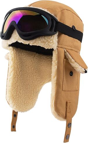 Peicees Vintage Aviator Hat And Goggles For Adult Pilot Costume Ski Goggles Winter Fur Trapper Hat With Ear Flap Fleece Lined in Saudi Arabia