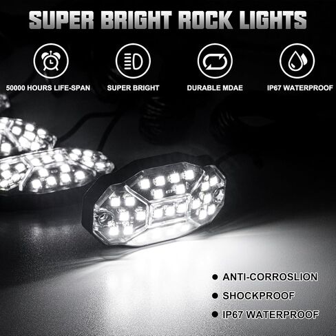 Winunite 8 Pods White Rock Lights، 27 شريحة زاوية كاملة، أسلاك تمديد 4M لكل ضوء، 6000K أبيض نقي، أضواء صخرية مقاومة للماء للشاحنات والمقطورات والسيارات الدفع الرباعي ATV UTV القوارب in Saudi Arabia