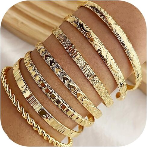 7Pcs Gold Bangle Bracelets Set for Women - Multi Layer Stackable Textured Bracelets Indian Cuff Bangles Boho Jewelry Set in Saudi Arabia