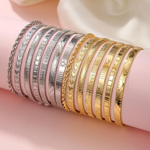 7Pcs Gold Bangle Bracelets Set for Women - Multi Layer Stackable Textured Bracelets Indian Cuff Bangles Boho Jewelry Set in Saudi Arabia
