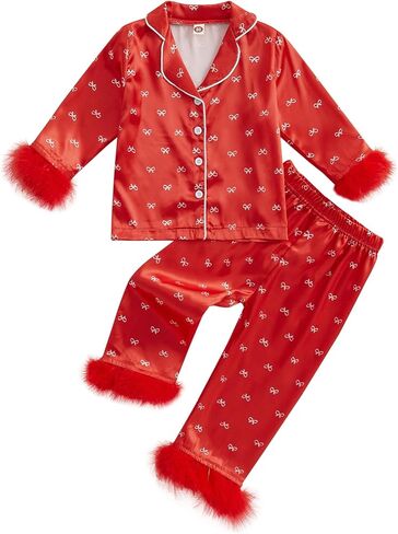 Kuriozud Toddler Kids Little Girls Valentines Day Satin Pajamas Bow Print Feather Trim Sleeve Button Down Sleepwear Pjs Set in Kuwait