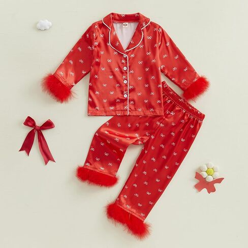 Kuriozud Toddler Kids Little Girls Valentines Day Satin Pajamas Bow Print Feather Trim Sleeve Button Down Sleepwear Pjs Set in Kuwait