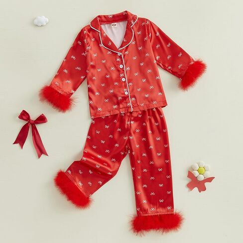 Kuriozud Toddler Kids Little Girls Valentines Day Satin Pajamas Bow Print Feather Trim Sleeve Button Down Sleepwear Pjs Set in Kuwait