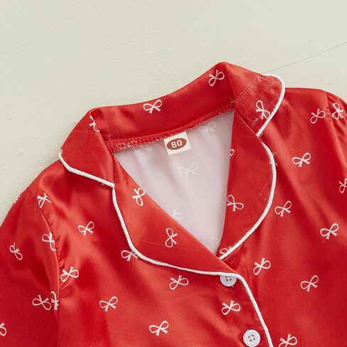 Kuriozud Toddler Kids Little Girls Valentines Day Satin Pajamas Bow Print Feather Trim Sleeve Button Down Sleepwear Pjs Set in Kuwait
