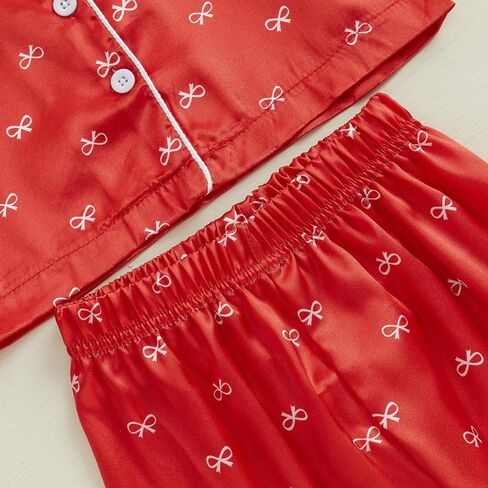 Kuriozud Toddler Kids Little Girls Valentines Day Satin Pajamas Bow Print Feather Trim Sleeve Button Down Sleepwear Pjs Set in Kuwait