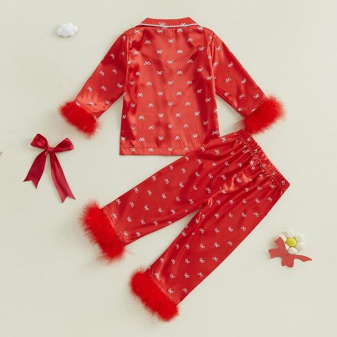 Kuriozud Toddler Kids Little Girls Valentines Day Satin Pajamas Bow Print Feather Trim Sleeve Button Down Sleepwear Pjs Set in Kuwait