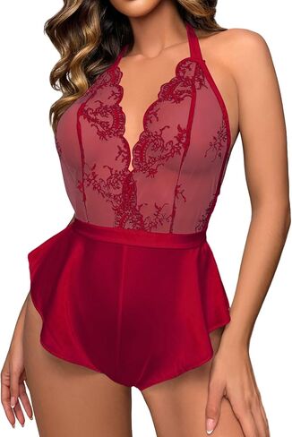 Lilosy Sexy Plunge Halter Tie Backless Sheer Satin Embroidered Floral Mesh Lingerie Teddy Bodysuit Top One Piece in Saudi Arabia