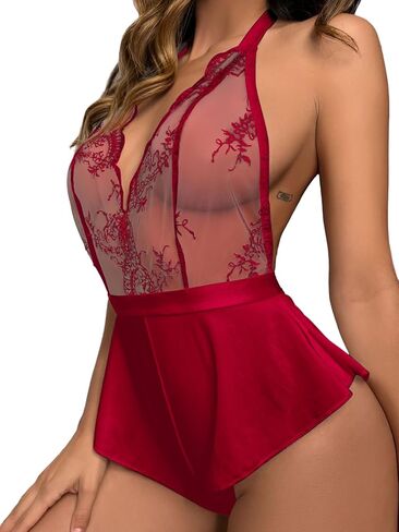 Lilosy Sexy Plunge Halter Tie Backless Sheer Satin Embroidered Floral Mesh Lingerie Teddy Bodysuit Top One Piece in Saudi Arabia