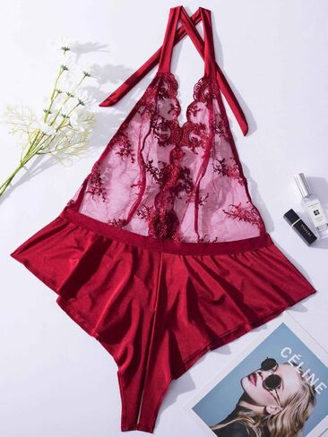 Lilosy Sexy Plunge Halter Tie Backless Sheer Satin Embroidered Floral Mesh Lingerie Teddy Bodysuit Top One Piece in Saudi Arabia