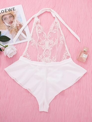 Lilosy مثير يغرق الرسن التعادل عارية الذراعين شير الساتان المطرزة الأزهار شبكة الملابس الداخلية تيدي ارتداءها قطعة واحدة in Kuwait