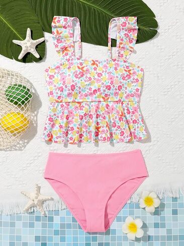 SOLY HUX Girl's Floral Print Ruffle Trim Bikini Swimsuit High Waisted 2 Piece Bathing Suit Swimwear in Saudi Arabia