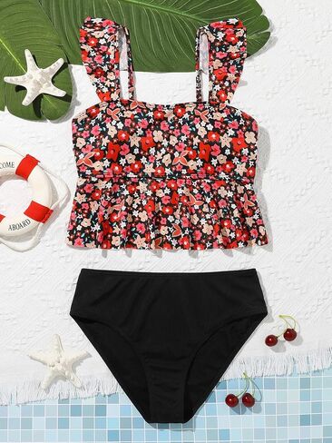 SOLY HUX Girl's Floral Print Ruffle Trim Bikini Swimsuit High Waisted 2 Piece Bathing Suit Swimwear in Saudi Arabia