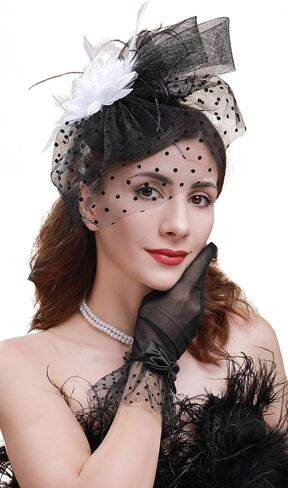 Cizoe Fascinator for Women with Black Veil Kentucky Derby Headpiece Tea Party Hats and Lace Gloves in Saudi Arabia