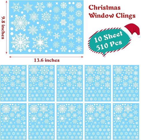 510Pcs Snowflake Window Clings, 10 Sheets Christmas Window Clings, White Window Stickers, Double-Sided Reusable Window Decals for Glass Windows in Saudi Arabia