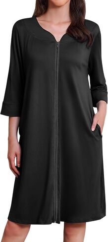 Ekouaer Zipper Robes for Women 3/4 Sleeves Housecoat Soft Nightgowns Sleepwear Mumu House Dresses with Pockets S-3XL in Saudi Arabia
