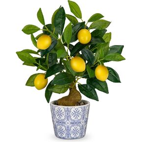 Artificial Potted Plants, 15.7 inches Small Fake Lemon Tree Artificial Lemons Citrus Tree with Blue and White Pot Faux Potted Plants Indoor Lemon Decorations for Home, Office, Living Room Table, Desk