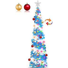 Dual Color Switch&Timer 5 Ft Pop Up Christmas Tree,Tinsel Christmas Tree 50 Warm White&Color Lights 8 Mode Balls 3D Star Sequins Pencil 1 Minute Collapsible Christmas Tree Xmas Office Home Decor
