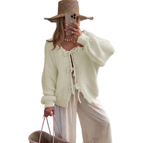 SKIKYAN Women Bowtie Oversized Knit Sweater Cardigan Y2K Long Sleeve V Neck Open Front Casual Knitwears