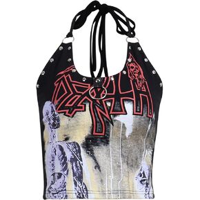 Goth Halter Rivet Crop Top Tie Dye Corset Tops for Women Fairy Grunge Backless Beach Tank Cami Punk Lace Up Summer Camisole