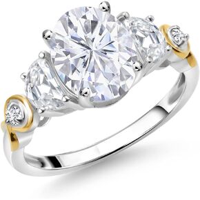 Gem Stone King 925 Silver and 10K Yellow Gold Moissanite and Lab Grown Diamond 3-Stone Women Wedding Engagement Anniversary Promise Ring (2.60 Cttw, Available In Size 5, 6, 7, 8, 9)