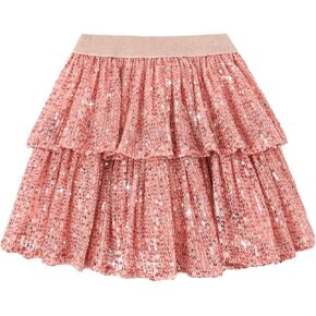 Miipat Girls Sequin Skirt Sparkly 2-Layer Little Kids Metallic Skirt Elastic Waist Shiny Mini Dance Party Skirt 2-6 Years