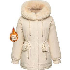 Faux Fur Winter Coats for Women,Ladies Winter Puffer Jacket with Fur Hood,Thickened Parka Coat with Waist Drawstring