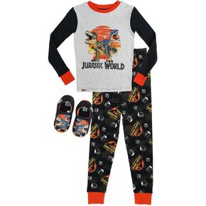 LEGO Jurassic World Boys 2 Piece Cotton Pajamas with Slippers, Size 8 Black